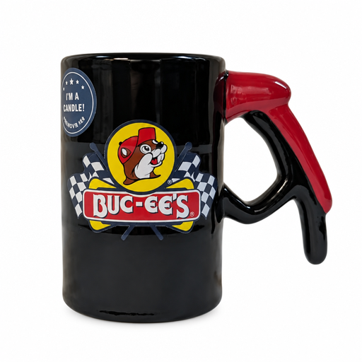 Buc-ee's Woodsmoke Bourbon scented candle in a black mug with a red gas pump handle and checkered-flag beaver logo