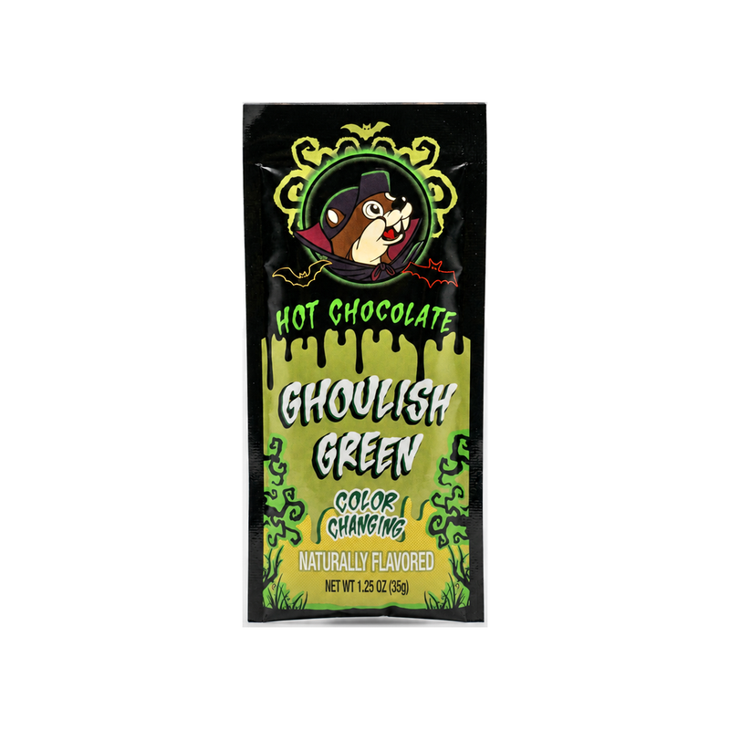 Buc-ee's Ghoulish Green color-changing hot chocolate packet with vampire Buc-ee the Beaver
