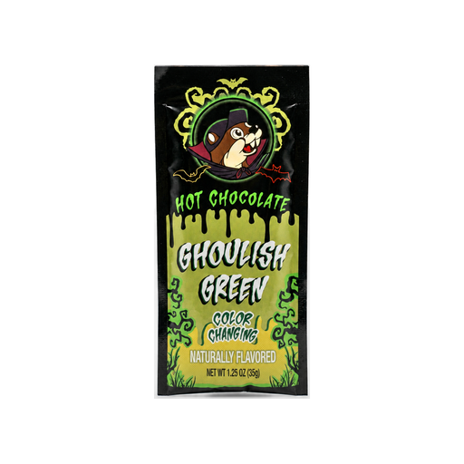 Buc-ee's Ghoulish Green color-changing hot chocolate packet with vampire Buc-ee the Beaver
