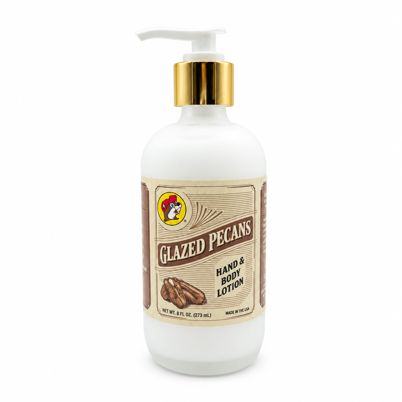 Buc-ee's Glazed Pecans Hand & Body Lotion in an 8 fl oz frosted white pump bottle with gold collar and pecan label art