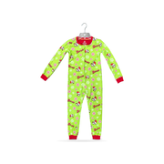 Lime green kids Santa Buc-ee peppermint onesie pajamas, front view on a hanger