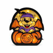 Buc-ee's Halloween light up sign with the beaver mascot dressed as a bat behind glowing orange pumpkins and black bats