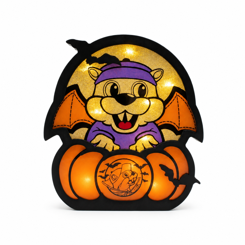 Buc-ee's Halloween light up sign with the beaver mascot dressed as a bat behind glowing orange pumpkins and black bats