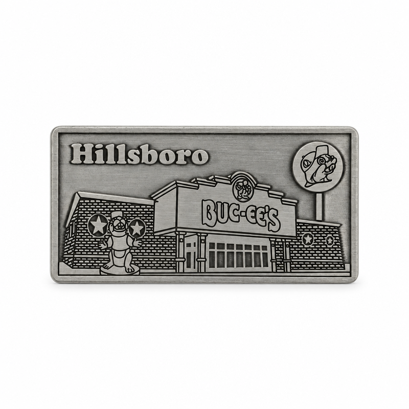 Buc-ee's Hillsboro collectible in antique silver-finish metal, embossed with the store front, beaver statue, and logo sign