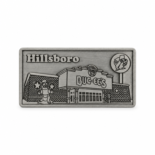 Buc-ee's Hillsboro collectible in antique silver-finish metal, embossed with the store front, beaver statue, and logo sign