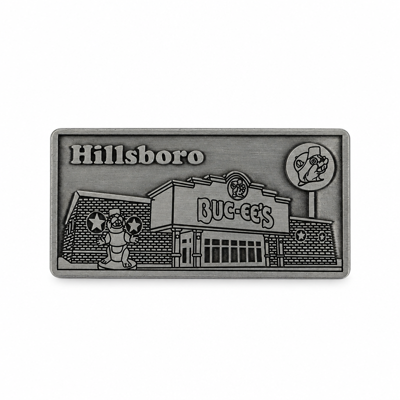 Buc-ee's Hillsboro metal location magnet in antique silver finish, embossed with the storefront, beaver statue, and sign