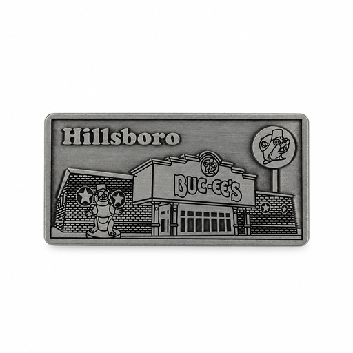 Buc-ee's Hillsboro metal location magnet in antique silver finish, embossed with the storefront, beaver statue, and sign