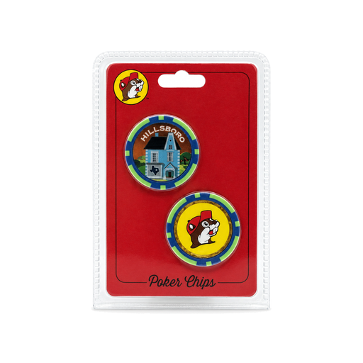 Buc-ee's Hillsboro poker chips 2-pack on a red blister card, one showing a blue Victorian house, one the beaver logo