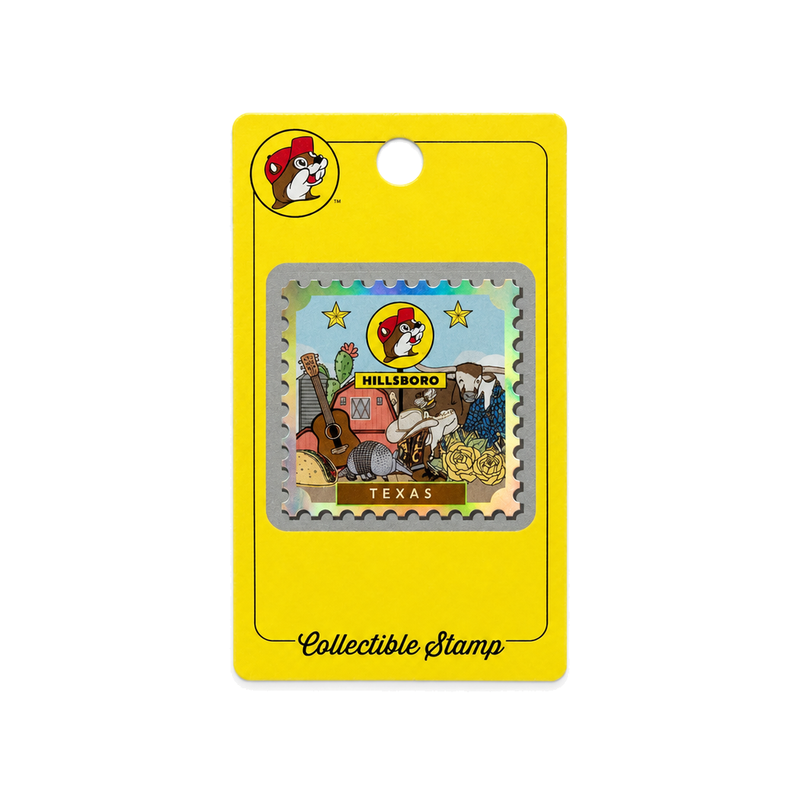 Buc-ee's Hillsboro Texas collectible stamp with holographic border, beaver logo, longhorn, and armadillo on a yellow card