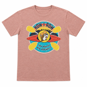 Buc-ee's How I Row coral crewneck T-shirt, front view, with kayaking beaver graphic and San Marcos New Braunfels