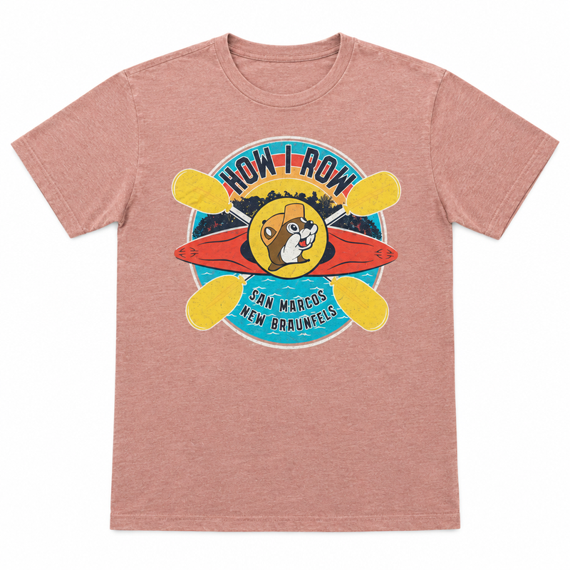 Buc-ee's How I Row coral crewneck T-shirt, front view, with kayaking beaver graphic and San Marcos New Braunfels