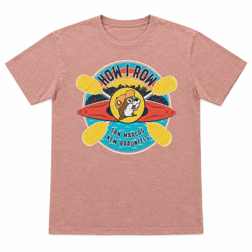 Buc-ee's How I Row coral crewneck T-shirt, front view, with kayaking beaver graphic and San Marcos New Braunfels