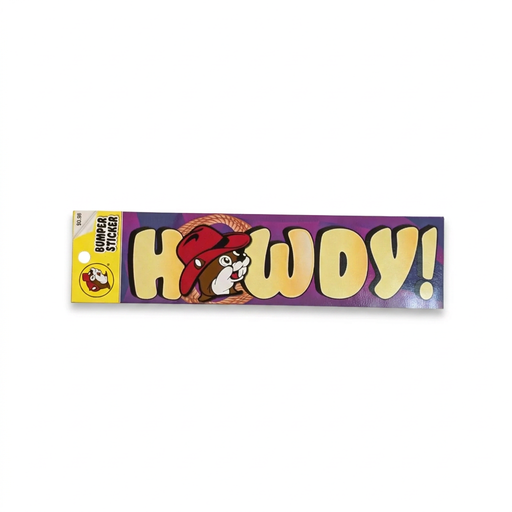 Buc-ee’s Howdy! bumper sticker with beaver in a red cowboy hat and lasso as the O, in yellow letters on purple