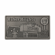 Buc-ee's Huber Heights metal magnet in antique silver finish with embossed store facade, beaver mascot statue, and logo sign