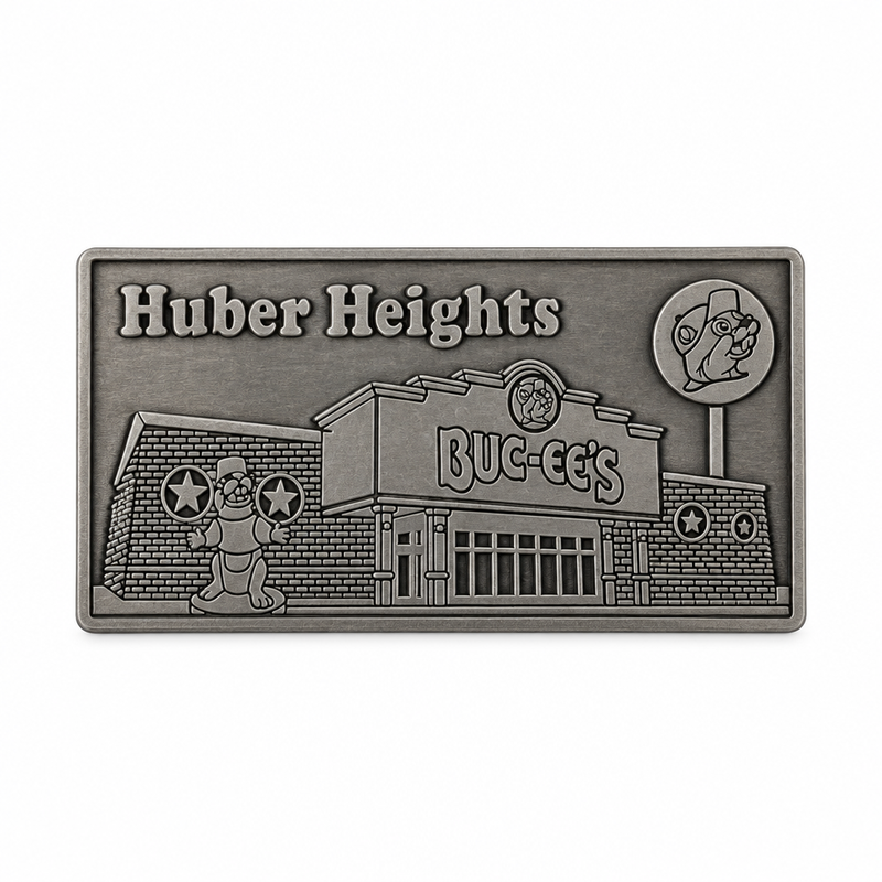 Buc-ee's Huber Heights metal magnet in antique silver finish with embossed store facade, beaver mascot statue, and logo sign