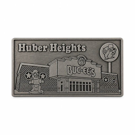 Buc-ee's Huber Heights metal magnet in antique silver finish with embossed store facade, beaver mascot statue, and logo sign