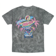 “In My Buc-ee’s Era” shirt in gray cloud wash, back view with retro surfboard sign, pink palm trees, and a blue SUV