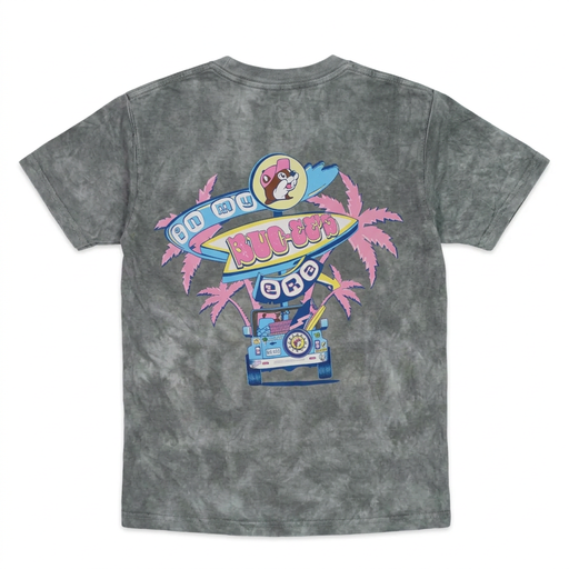 “In My Buc-ee’s Era” shirt in gray cloud wash, back view with retro surfboard sign, pink palm trees, and a blue SUV