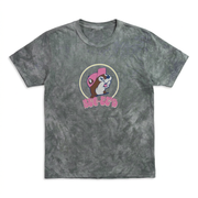 “In My Buc-ee’s Era” shirt in gray cloud wash, front view with beaver in a pink cap above pink bubble-letter logo