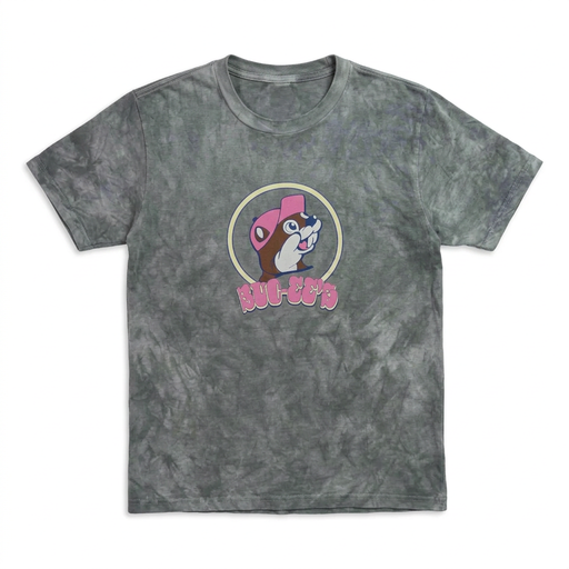 “In My Buc-ee’s Era” shirt in gray cloud wash, front view with beaver in a pink cap above pink bubble-letter logo