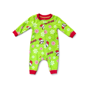 Lime green infant Santa Buc-ee peppermint onesie with red cuffs, front view