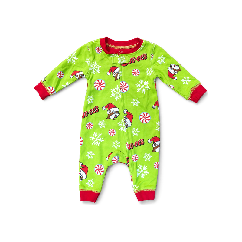 Lime green infant Santa Buc-ee peppermint onesie with red cuffs, front view