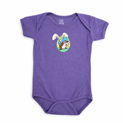 Buc-ee’s infant Easter bodysuit in purple with bunny-eared beaver logo in an Easter egg, envelope neck, and snap closure