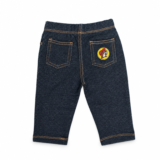 Buc-ee’s infant jeans in dark wash with elastic waist, gold contrast stitching, and beaver patch on back pocket