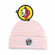 Buc-ee’s infant knit cap in pink and white stripes with folded cuff and embroidered beaver patch in light blue and pink