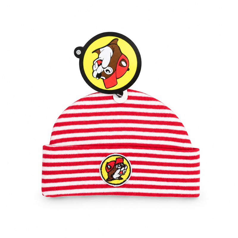 Buc-ee’s infant knit cap in red and white stripes with folded cuff and embroidered yellow beaver logo patch