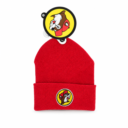 Buc-ee’s infant knit cap in solid red with ribbed knit, folded cuff, and embroidered beaver logo patch