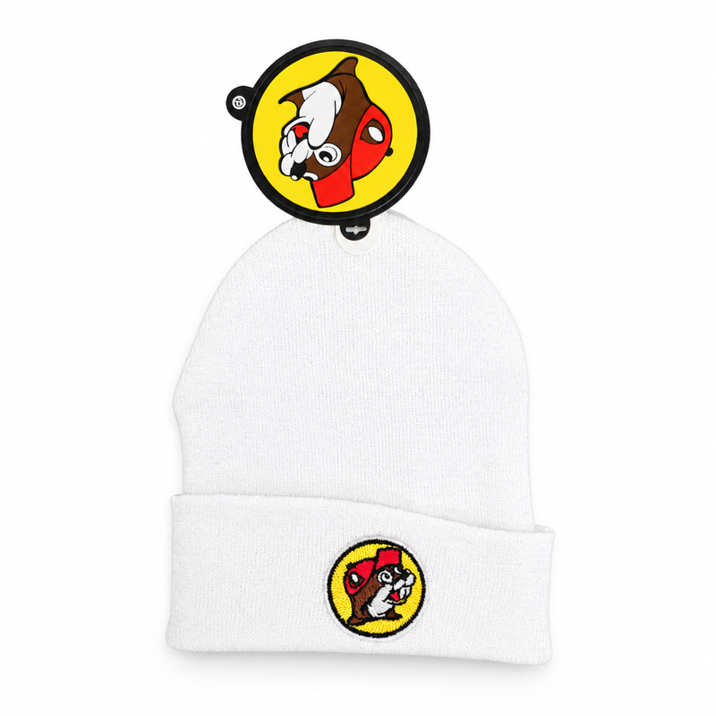 Buc-ee’s infant knit cap in white with ribbed knit, folded cuff, and embroidered yellow beaver logo patch