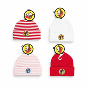 Buc-ee’s infant knit caps in red stripe, white, pink stripe, and solid red, each with a cuff and beaver logo patch