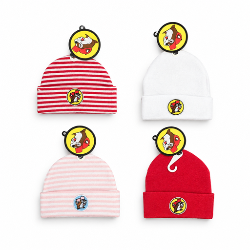 Buc-ee’s infant knit caps in red stripe, white, pink stripe, and solid red, each with a cuff and beaver logo patch