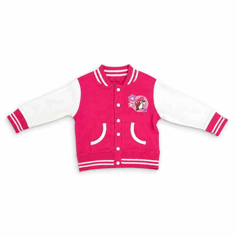 Buc-ee’s infant varsity jacket in hot pink with white sleeves, white snaps, piped pockets, and floral beaver chest patch