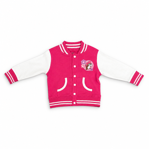 Buc-ee's infant varsity jacket in hot pink with white sleeves, snaps, piped pockets and floral Buc-ee chest patch