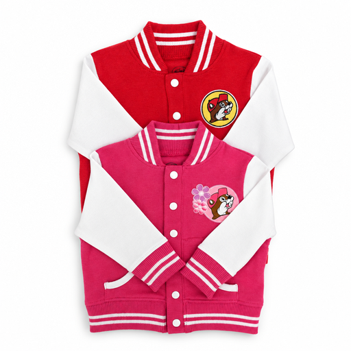 Buc-ee’s infant varsity jackets in red and pink with white sleeves, striped trim, snap fronts, and beaver logo patches