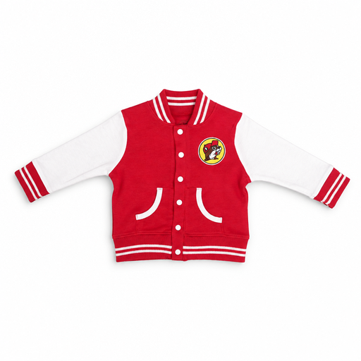 Buc-ee’s infant varsity jacket in red with white sleeves, white snaps, piped front pockets, and yellow beaver chest patch