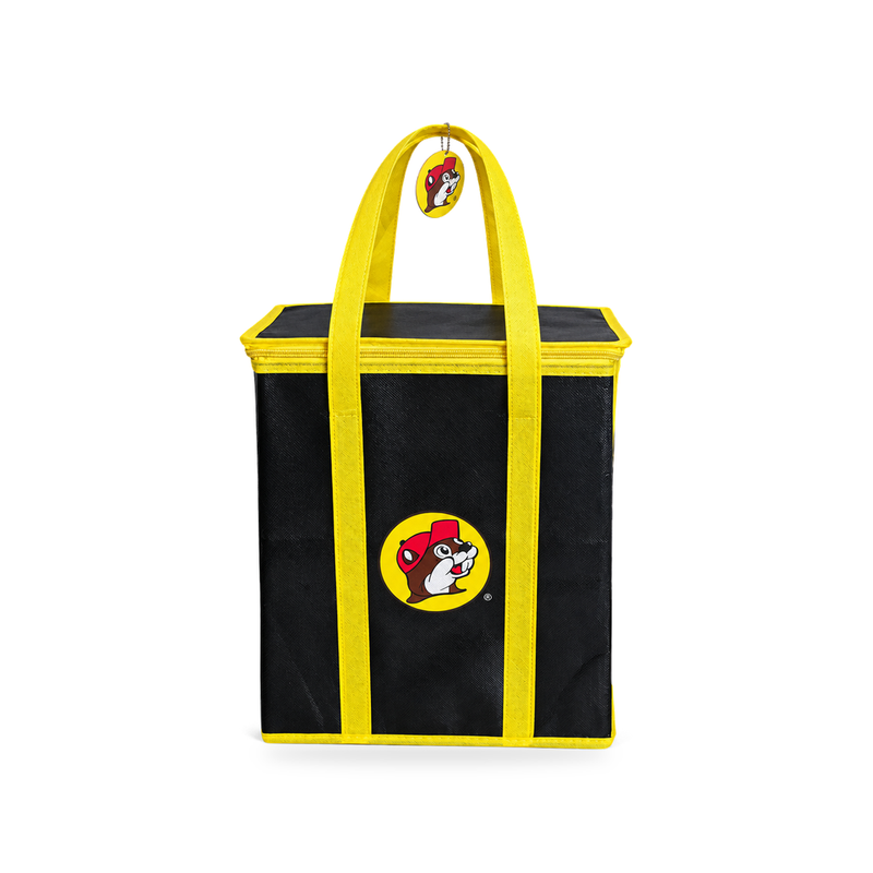Buc-ee's insulated tote bag in black with yellow handles, zippered top, beaver logo, and matching hang tag