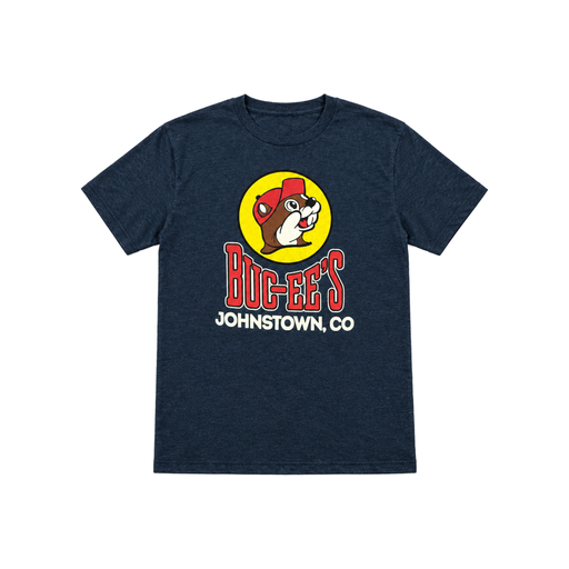 Buc-ee's Johnstown, CO heather navy short-sleeve crewneck T-shirt, front view, with red logo and beaver in yellow circle