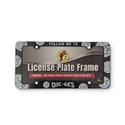 Buc-ee’s License Plate Frame in black plastic reading FOLLOW ME TO BUC-EE’S, bordered with gray and white beaver logos