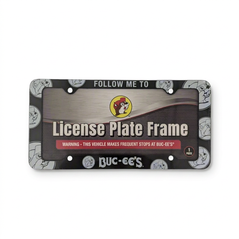 Buc-ee’s License Plate Frame in black plastic reading FOLLOW ME TO BUC-EE’S, bordered with gray and white beaver logos