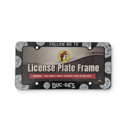 Buc-ee’s License Plate Frame in black plastic reading FOLLOW ME TO BUC-EE’S, bordered with gray and white beaver logos