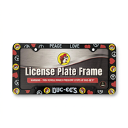 Buc-ee’s License Plate Frame in black plastic with PEACE LOVE across the top, peace signs, red hearts, and beaver logos