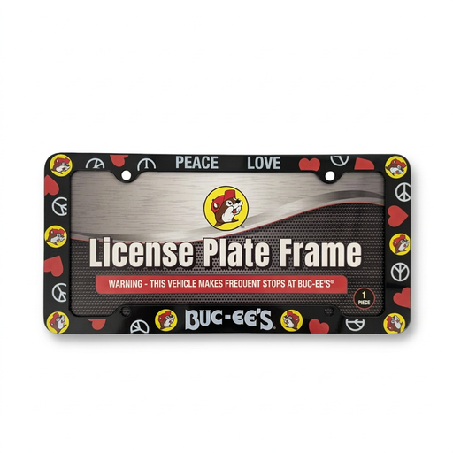 Buc-ee’s License Plate Frame in black plastic with PEACE LOVE across the top, peace signs, red hearts, and beaver logos