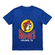 Buc-ee’s Luling, TX royal blue crewneck t-shirt with yellow beaver logo and red wordmark