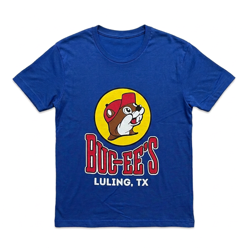 Buc-ee’s Luling, TX royal blue crewneck t-shirt with yellow beaver logo and red wordmark