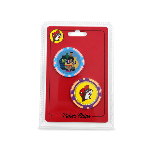 Buc-ee's poker chips 2-pack on a red blister card, with a blue Melissa design chip and a yellow beaver logo chip