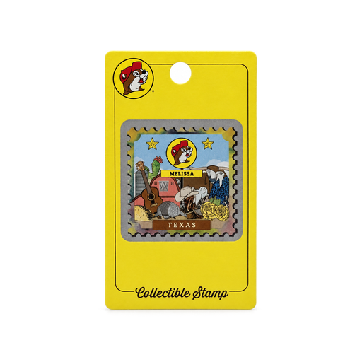 Buc-ee's Melissa, Texas collectible stamp with guitar, armadillo, longhorn, and taco art on a yellow beaver-logo backer card