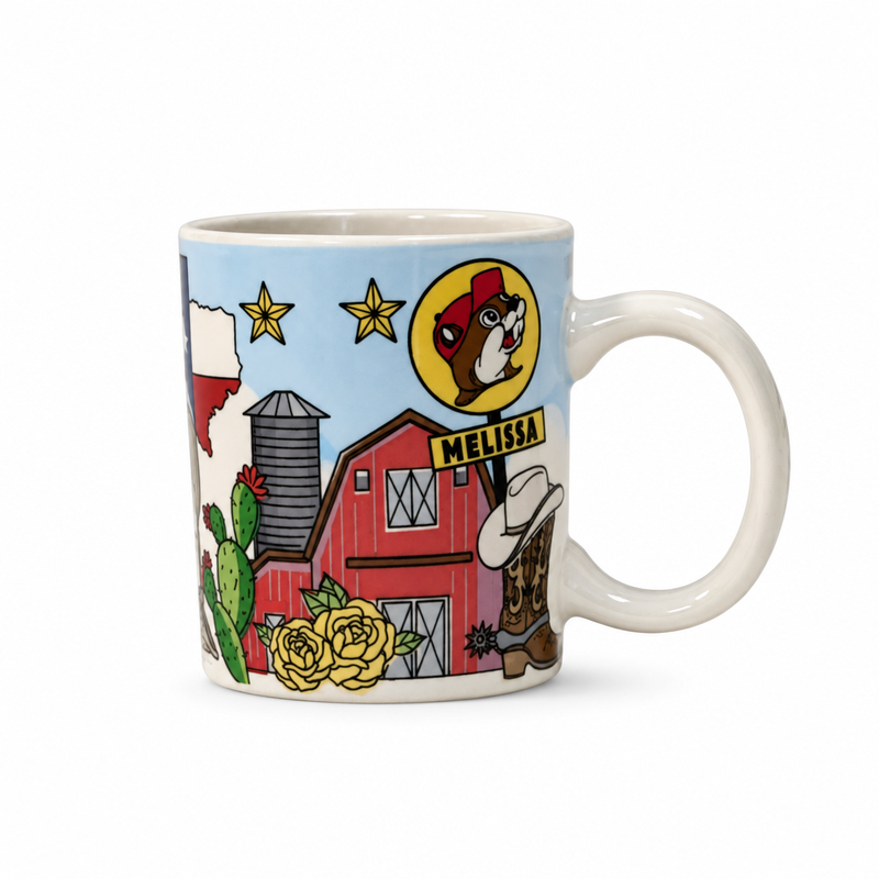 Buc-ee's Melissa, TX ceramic mini mug with a red barn, silo, cactus, yellow roses, cowboy boot, and Texas map design